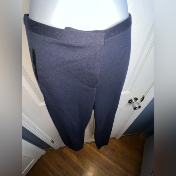 Tahari Womens 10 Navy Ponte Knit Flare Trouser Dress Pants Leather Trim M - Picture 1 of 16